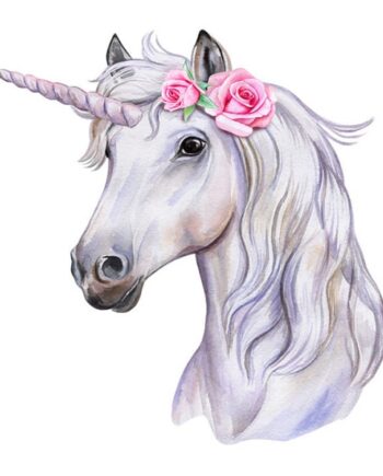 Wallsticker   Med   Et   Flot   Enhjørning   Hoved    Hvid   Med   Pink   Roser