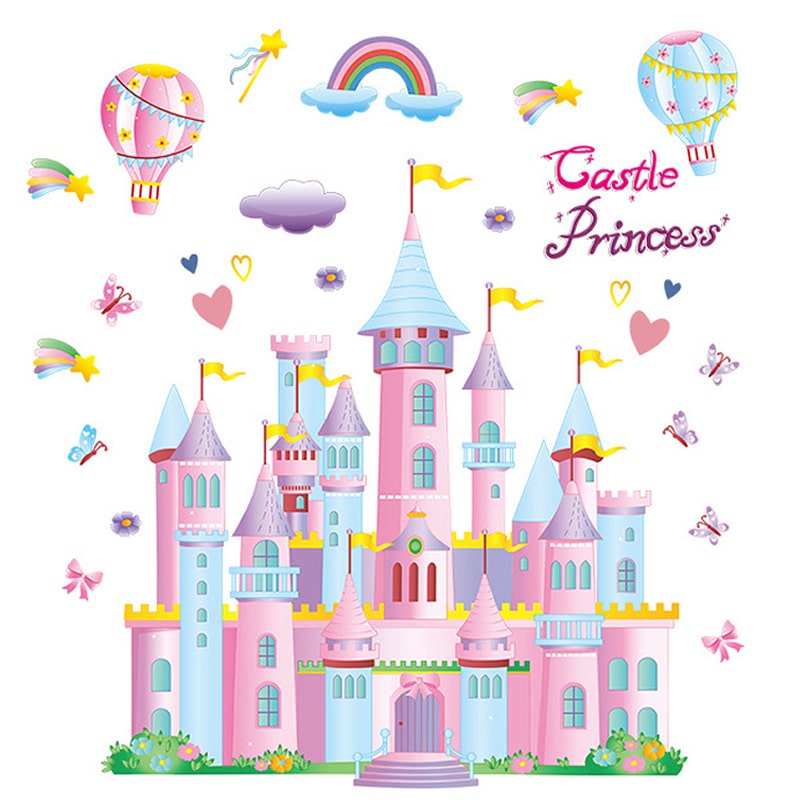 Wallsticker   Med   Et   Prinsesseslot   I   Flotte   Pastelfarver    Luftballoner    Regnbue   Og   Stjerneskud